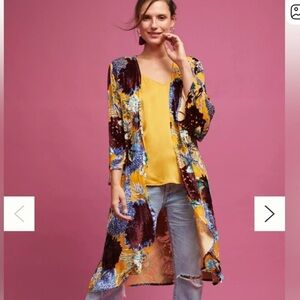 Anthropologie Floreat Aurelia Velvet Burn Out Floral Gold Maroon Yellow Kimono